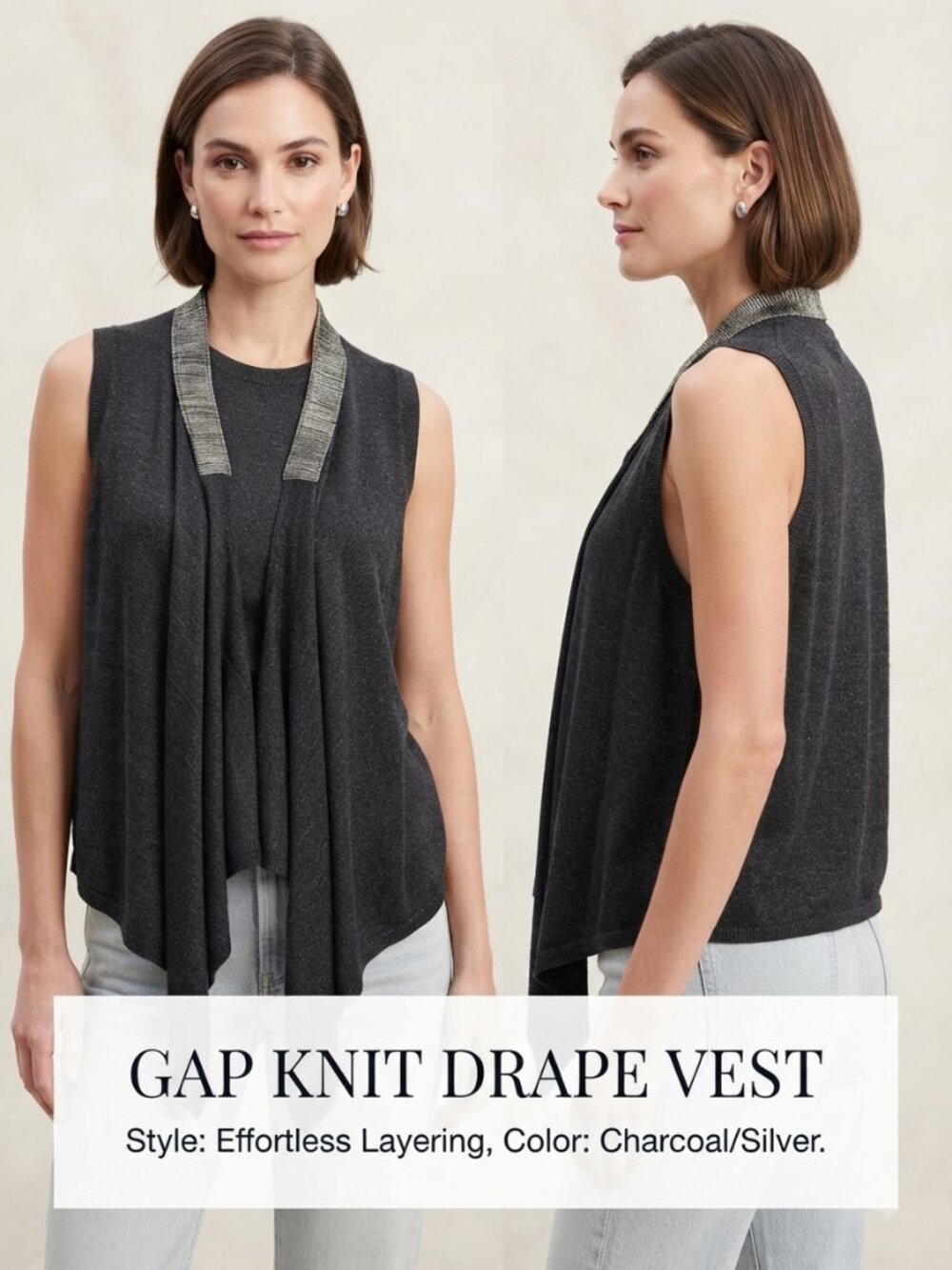 GAP Gray Knitted Draped Open Front Sleeveless Vest Silver Collar Trim Sz Small